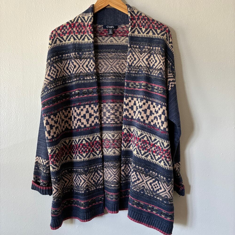 Chaps Womens Small Fair Isle Open Front Cardigan Sweater Blue Cotton Blend - Picture 2 of 11